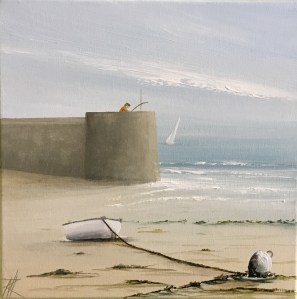 White Dinghy and Fisherman - Watchtower Bay, Barry 25x25 ref 28 17